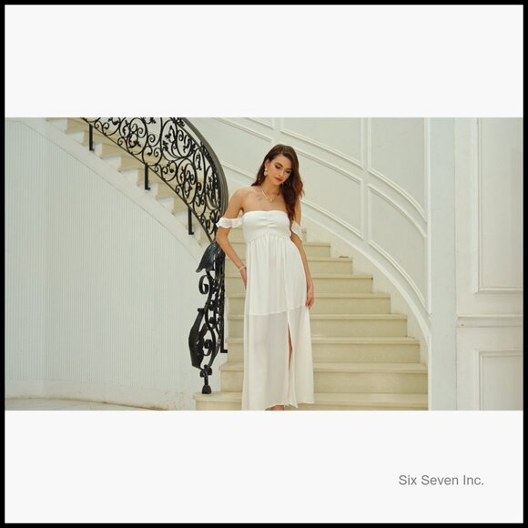 Polyester Smocked Off Shoulder Maxi Dress with Ruffle Sleeves and Side Slit - Picture 7 of 7